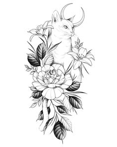 a black and white drawing of a cat with flowers on it's back side