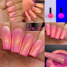 This is regular polish not gel. This is our new Neon Mylar Slicks inspired by Jem & The Holograms! Here is the Amazing Jem she is a cotton candy pink with neon fuchsia around the edges. She has other colors like violet gold and green. A little extra about our new slicks! They are very intriguing. These don't move like regular slicks so I'm not naming them as slicks to avoid confusion. They do cycle through colors, but in flashes like in mylar tissue paper, and where the colors meet there's a thi Bright Nail Designs, Chrome Nail Polish, August Nails, Jem And The Holograms, Bright Nails, Pink Cotton Candy, Peach Orange, Candy Pink, Nude Pink