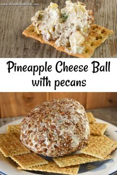 pineapple cheese ball with pecans is on a plate next to some crackers