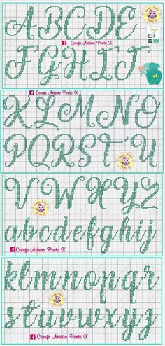 cross stitch alphabets with the letters and numbers in each letter, which have different colors