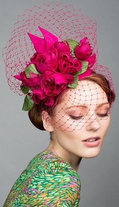 Rachel Trevor Morgan, S/S 2015. Pink silk taffeta teardrop with hand made silk roses and veil. #passion4hats Millinery Hats, Red Hat