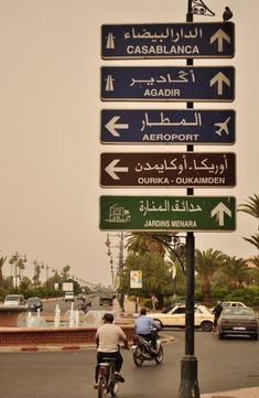 two people riding bikes on the side of a road next to a sign with directions