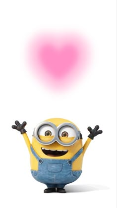 a minion with his arms up and eyes wide open, standing in front of a pink heart