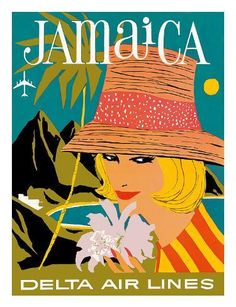 an advertisement for the delta airlines featuring a woman in a straw hat and palm trees