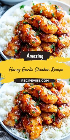 honey garlic chicken recipe on a plate with rice