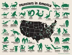 an illustrated map of the united states with animals and their names in green on it