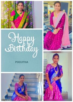 happy birthday pootha with pictures of women in sari and blouses on stairs