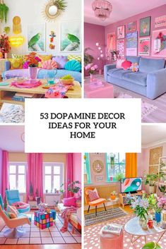 colorful living room with pink walls and blue couches in the center, on top of a