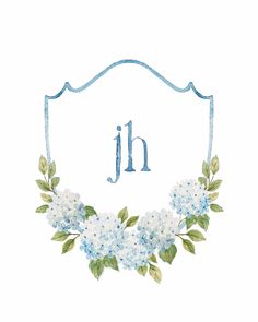 a blue and white floral wreath with the letter jh on it's side