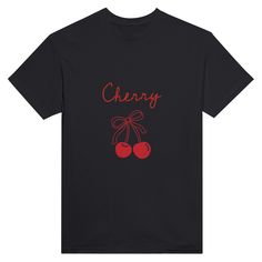 Be boldly stylish with our Cute Coquette Cherry Printed T-Shirt. Available in a variety of vibrant colors, this shirt is perfect for those who want to make a statement while staying comfortable. Express your unique personality and stand out from the crowd with this fun and playful piece.- A classic t-shirt with crew neck.- Air-jet spun yarn with a soft feel and reduced pilling.- Double-needle stitched collar, shoulders, armholes, cuffs, and hem.- 100 % cotton. Trendy Red T-shirt With Text Print, Red Slogan T-shirt For Spring, Cute Graphic Design T-shirt For Spring, Trendy Red Tops With Graphic Design, Trendy Red Shirt With Screen Print, Trendy Red Graphic Design Tops, Cute Black Graphic T-shirt, Trendy Red T-shirt With Screen Print, Trendy Red Slogan T-shirt