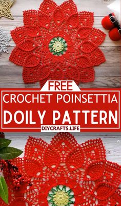 crochet poinsettia doily pattern with text overlay