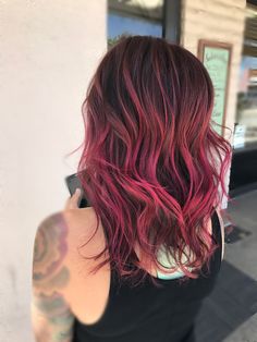 Auburn Pink Balayage, Fushia Balayage Hair, Bright Pink Balayage Brunette, Dark Red Hair With Pink Highlights, Bright Pink Balayage, Dark Pink Balayage, Dark Hair With Pink Highlights, Dark Pink Hair Color