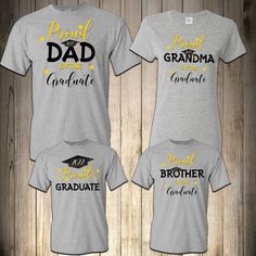 Proud Family T-Shirts THIS LISTING IS FOR ONE SHIRT ONLY DIRECT TO GARMENT PRINTING How to order: Select Size Select Shirt Color Provide custom name (for Ex. Mom, Dad, Brother, Proud Graduate, Etc.) Back Print: (OPTIONAL) there is a $4.99 charge per shirt (leave blank if not wanted) To order multiple shirts you will need to repeat this process and add it to your cart, then you can checkout all at the same time. We use first Quality T shirt pre-shrunk cotton. WE STRONGLY RECOMMEND TO TAKE A LOOK Customizable Short Sleeve Shirt For Father's Day, Father's Day Customizable Short Sleeve Shirt, Customizable Short Sleeve Tops For Father's Day, Gray Family Matching Short Sleeve T-shirt, Family Matching Gray Short Sleeve T-shirt, Gray Short Sleeve Family Matching T-shirt, Father's Day Customizable Short Sleeve T-shirt, Customizable Gray Cotton T-shirt, Family Graduation Shirts