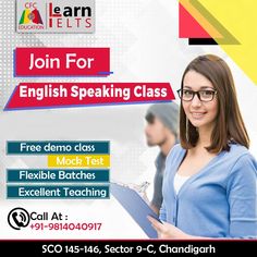 a woman in glasses holding a clipboard with the words join for english speaking class