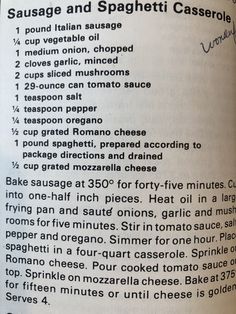 an open book with instructions on how to make sausage and spaghetti casserole