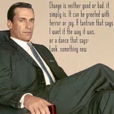 a man in a suit and tie sitting on a chair with a quote about change