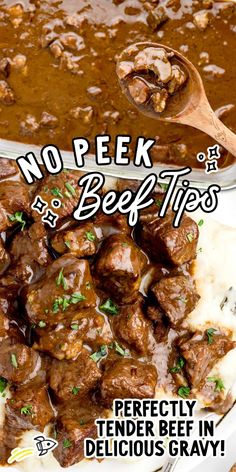 beef tips with gravy in a white bowl