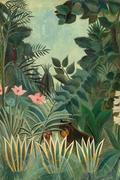 an image of a jungle scene with animals and flowers in the foreground, surrounded by tropical plants