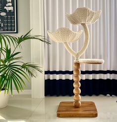 a white chair sitting on top of a wooden stand next to a potted plant