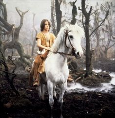 a woman riding on the back of a white horse through a forest filled with trees