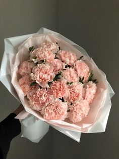 a bouquet of pink carnations in someone's hand on a gray background