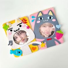 an image of two cats and a cat with flowers on it's face are shown in the shape of magnets