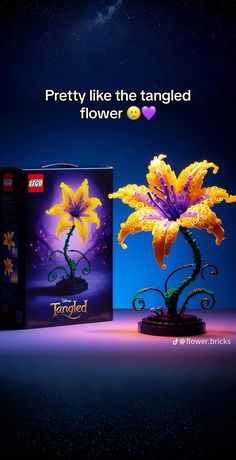 an advertisement for legos is shown with the image of a yellow flower in front of it