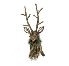 a deer head with antlers and feathers on it