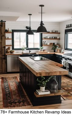 a large kitchen island sitting in the middle of a living room next to a stove top oven