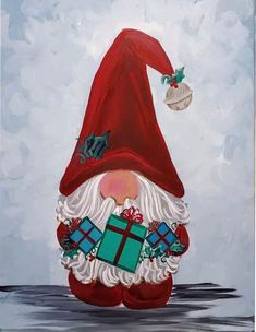 a painting of a santa clause with presents in his hand and a christmas hat on