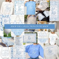 a collage of blue and white items with the words shop the collection by shop