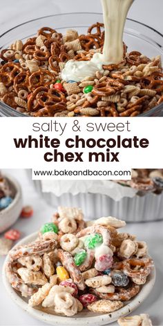 white chocolate chex mix is being served in a bowl