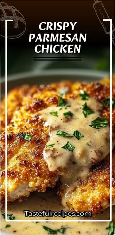 This Crispy Parmesan Chicken is golden, juicy, and coated in a flavorful Parmesan crust, served with a rich, creamy garlic sauce that takes it to the next level! Perfect for a weeknight dinner or a special occasion meal. #CrispyParmesanChicken #GarlicChicken #ComfortFood #ChickenDinner #ParmesanCrust #GarlicSauce #EasyDinnerRecipe #WeeknightDinner #Foodie