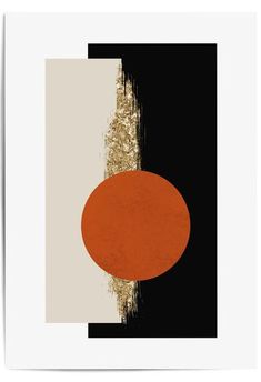 an orange circle on a black and white background with gold paint splattered over it