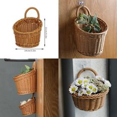 three baskets with flowers in them hanging on the wall and one has a planter attached to it