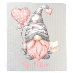 a card with a gnome holding a heart balloon