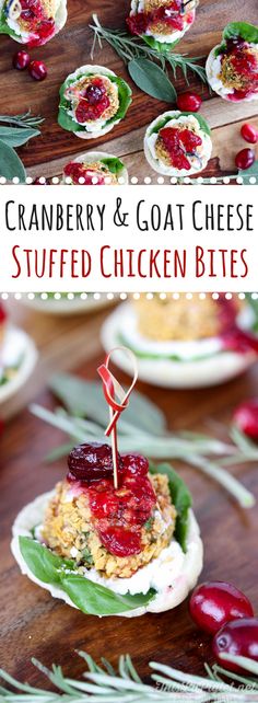 cranberry and goat cheese stuffed chicken bites on a wooden table with green leaves