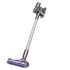 a silver and red vacuum cleaner on a white background