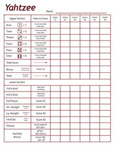 the yahtze score sheet is shown in red