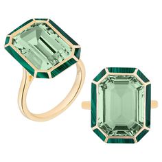 This Prasiolite and Malachite Ring from the 'Melange' Collection is an elegant and eye-catching piece of jewelry. It is crafted from 18K yellow gold and features a beautiful combination of prasiolite and malachite gemstones. Prasiolite is a green variety of quartz, also known as green amethyst, while malachite is a striking green mineral with swirling patterns. The ring's unique design showcases the beauty of both gemstones, with the prasiolite taking center stage and the malachite accents addin Emerald Cut Ring, Malachite Ring, Malachite Rings, Malachite Jewelry, Emerald Cut Rings, Contemporary Ring, Modern Ring, Gold Stone, Pearl Earrings Dangle