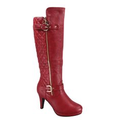 This Style Runs Pretty True To Size Round toe design Zipper for closure Golden zipper on side is for decoration, not functionable Finished with cushioned insole Faux Leather Heel Height: 3.65" (approx) shaft length: 17" (approx) including heel top opening circumference: 15" (approx) Size: 7.  Color: Red.  Gender: female.  Age Group: adult. Dress Boots Women, Wide Calf Riding Boots, Knee High Boots Flat, Casual High Heels, Round Toe Shoes, Faux Leather Heels, Womens Shoes High Heels, Womens Knee High Boots, Winter Boots Women