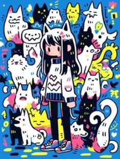 a girl standing in front of many cats on a blue background with white and yellow colors