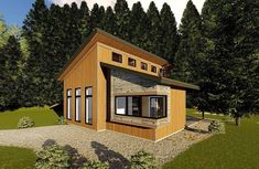 Vaulted and beamed ceilings make the open concept living area of this tiny home feel big. The covered outdoor patio space adds additional living space too. Modern Cabin Plans, Mini Chalet, Coastal Homes Plans, Vacation House Plans, Modern Floor Plans, A Small House, Large Family Rooms, Modern Style Homes, Cottage Plan