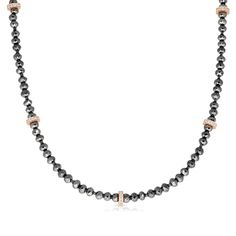 Sparkle daily with our elegant yet casual black antique round shaped diamond style necklace. This necklace features 40.54 carats of polished black diamonds cut to perfection with shimmer all along the chain as well as five rose gold white diamond pave lined handmade beads that ad a beautiful sparkling detail to the design. The necklace secures together in a rose gold white diamond pave-lined unique fish lock clasp. Impress your friends and family from up close and afar this necklace will always Elegant Rose Gold Necklaces With Gemstone Beads, Elegant Rondelle Jewelry With Faceted Beads, Luxury Rondelle Necklace With Polished Beads, Elegant Jewelry With Faceted Rondelle Beads, Rose Gold Jewelry With Black Diamonds, Rose Gold Gemstone Round Beads Jewelry, Faceted Rose Gold Round Beads Jewelry, Elegant Rose Gold Jewelry With Gemstone Beads, Rose Gold Single Strand Necklace With Round Beads