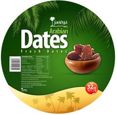 an image of dates in a bowl with palm trees on the side and date label