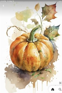 a watercolor painting of a pumpkin with leaves on it