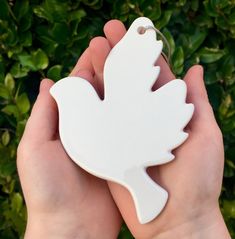 a hand holding a white dove ornament