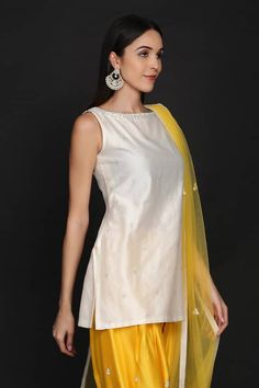 Ivory short kurta with zari embroidered floral blossom motifs. Comes with salwar and dupatta. - Aza Fashions Salwar Pattern, Short Kurta, Straight Kurta, Ivory Silk, Set For Women, Aza Fashion, Types Of Sleeves, Blossom, Silk