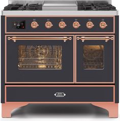 ILVE 40 Majestic II Dual Fuel Range with 6 Sealed Burners and Griddle - 3.82 cu. ft. Oven - Copper Trim in Matte Graphite (UMD10FDNS3MGP) Ranges ILVE Ilve Majestic, Ilve Range, Double Oven Range, Kitchen Centerpiece, 6 Elements, Freestanding Cooker, Induction Range, Dual Fuel Ranges, Cool Doors