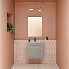 a bathroom with pink walls and white tile flooring, two sinks and a mirror on the wall